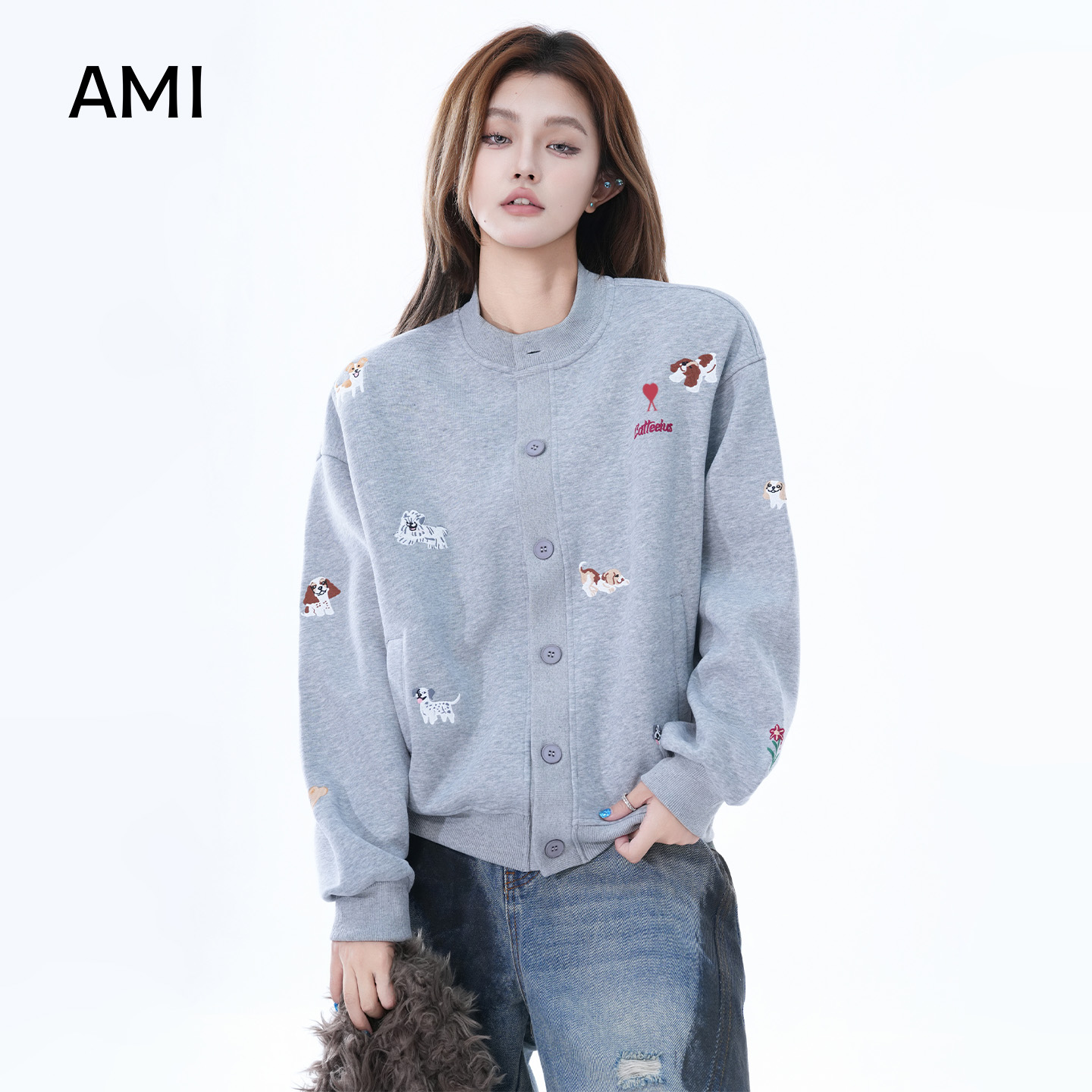 AMI美式复古假两件卫衣女2025春秋新款宽松休闲百搭长袖上衣外套