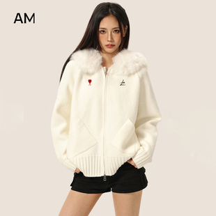 AMI官方美式毛领白色连帽毛衣外套女春秋宽松加厚拉链针织开衫上