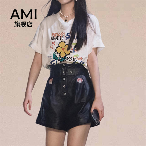 AMI官方美式宽松白色短袖T恤2026新款女夏休闲百搭设计感印花上衣