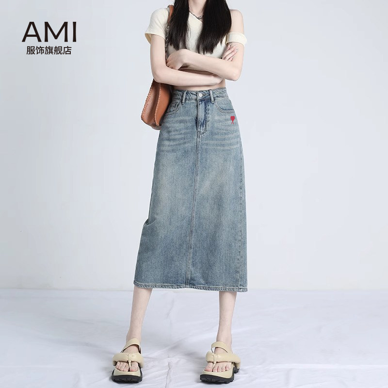 AMI官方2026美式高腰后开叉牛仔半身裙女春夏正品小个子a字包臀裙