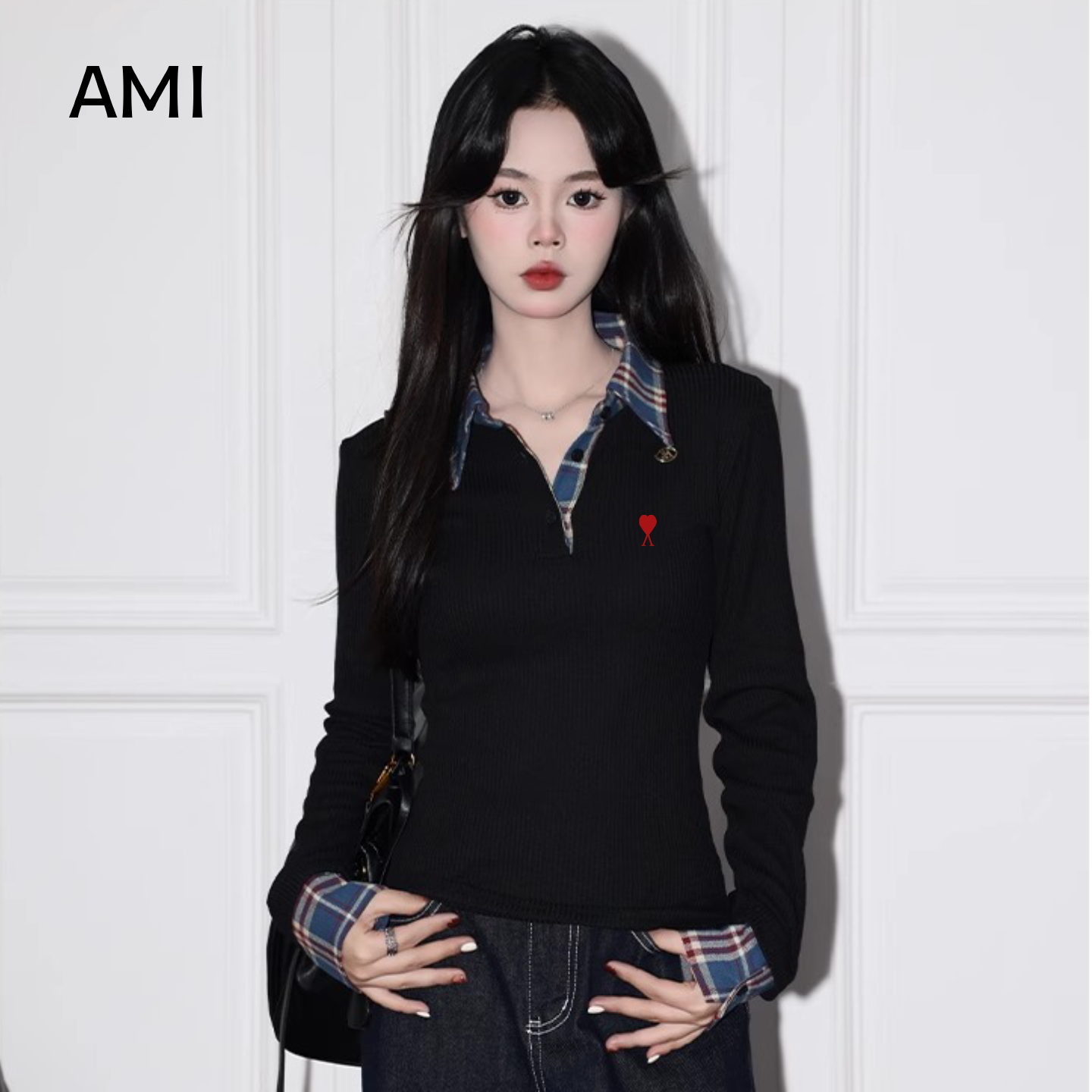AMI美式黑色格纹假两件长袖T恤女春秋正品修身polo领针织衫上衣潮