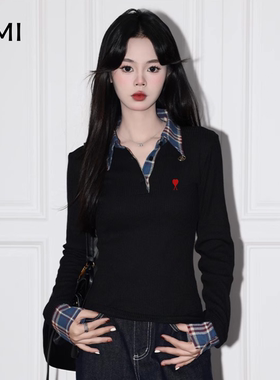 AMI美式黑色格纹假两件长袖T恤女冬秋正品修身polo领针织衫上衣潮