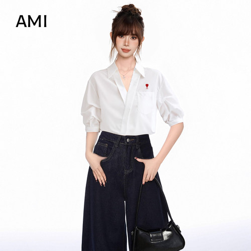 AMI官方2026美式白色v领短袖衬衫T恤女春夏季高级感正品正肩上衣