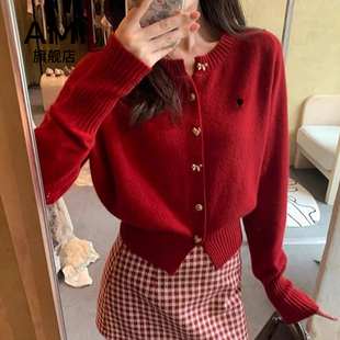 AMI红色浣熊绒针织开衫女秋冬新年高级感小香风短款毛衣外套上衣