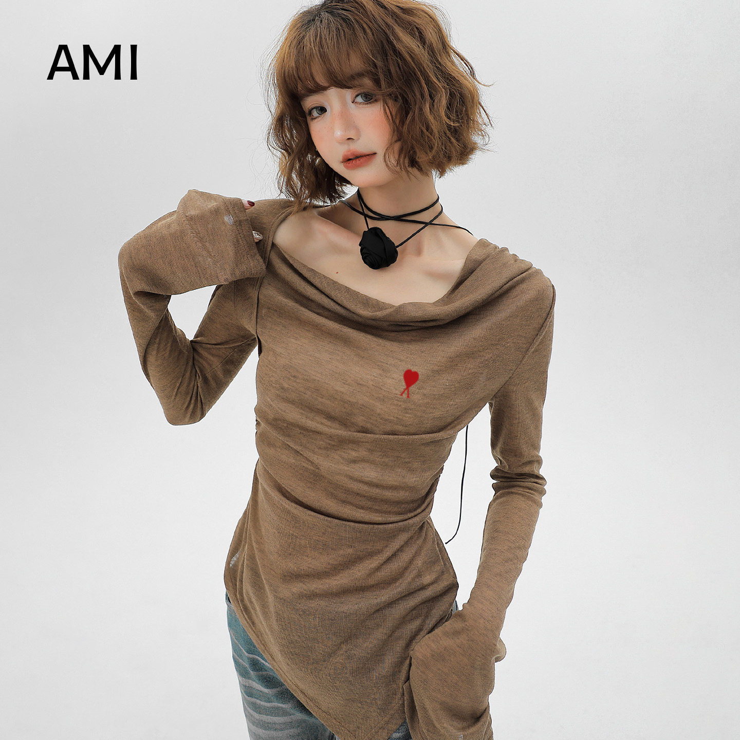 AMI旗舰店美式小众修身显瘦上衣一字肩长袖t恤女春季新款设计感