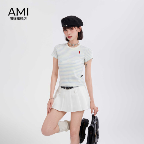 AMI官方旗舰店美式条纹正肩短袖t恤女夏季新款潮牌正品修身半袖上