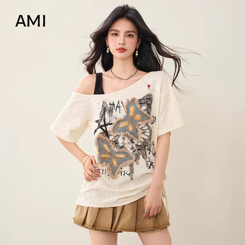 AMI官方 2026美式蝴蝶露肩短袖T恤女夏季新款正品斜肩宽松显瘦上