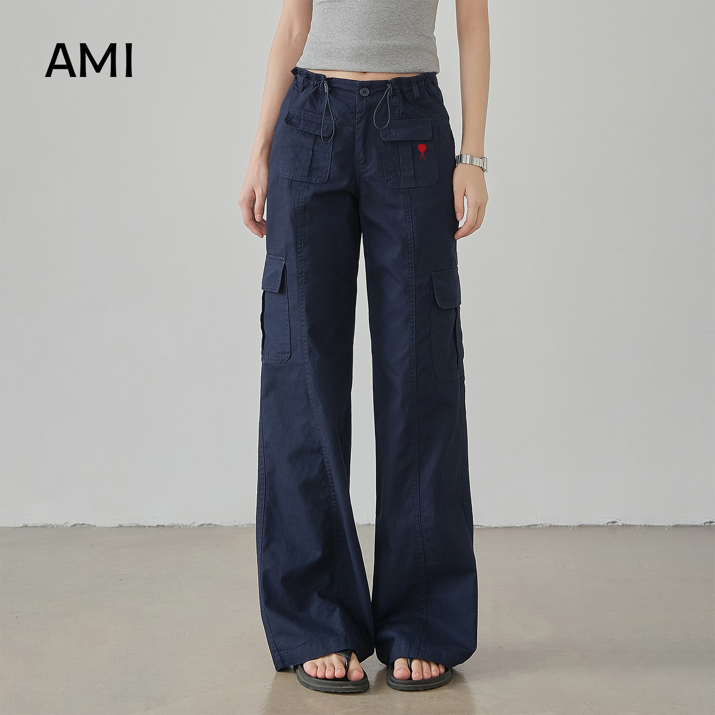 AMI官方美式复古藏青多口袋工装裤女2026春初春新款宽松直筒休闲