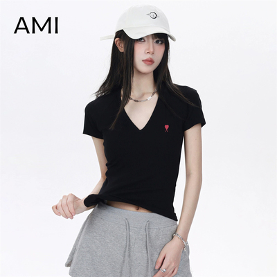 AMI官方2026美式黑色插肩短袖t恤女春新款辣妹修身显瘦v领上衣