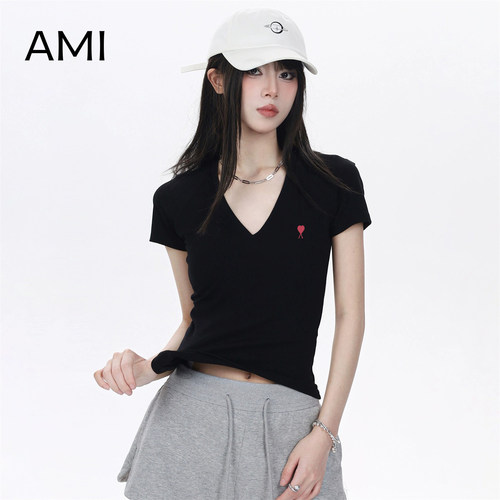 AMI官方2026美式黑色插肩短袖t恤女春新款辣妹修身显瘦v领上衣