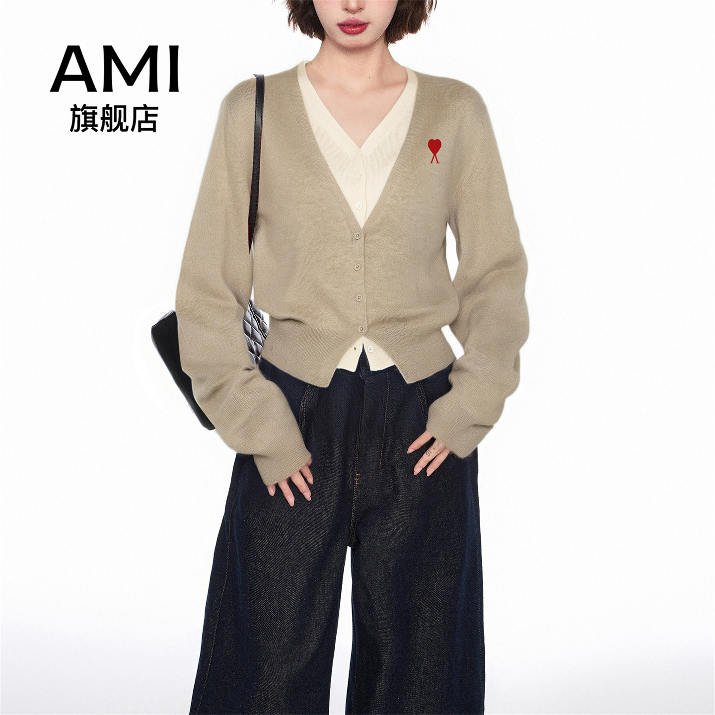 AMI官方假两件V领针织开衫女夏季时尚卡其色短款慵懒风设计感上衣图片