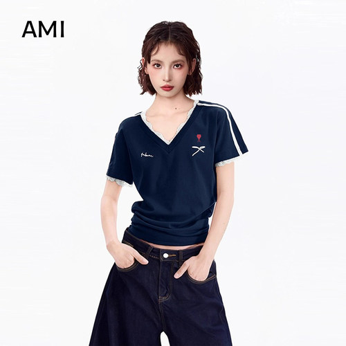 AMI官方2026美式藏青色蕾丝v领26衫短袖t恤女春正品修身假两件