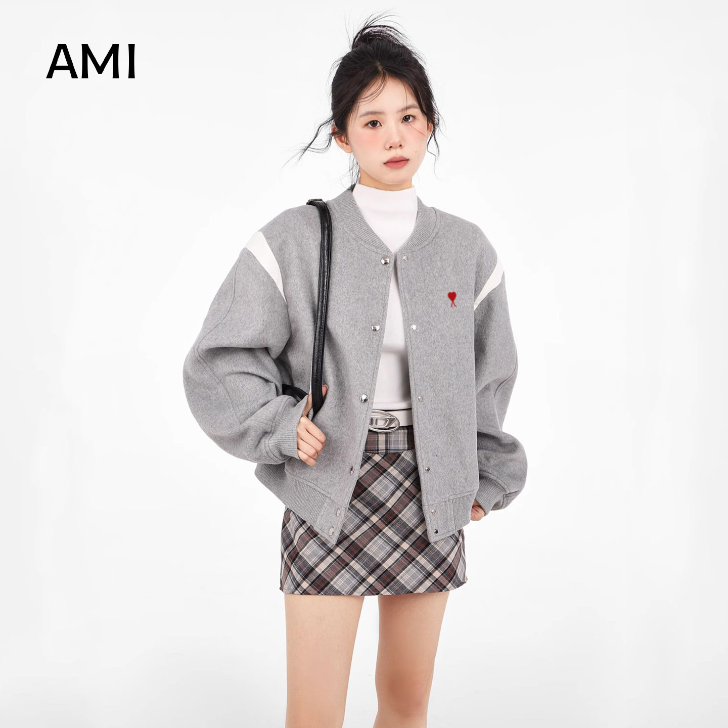 AMI灰色棒球服外套女秋款小个子小香风短款卫衣夹克2025新款秋冬