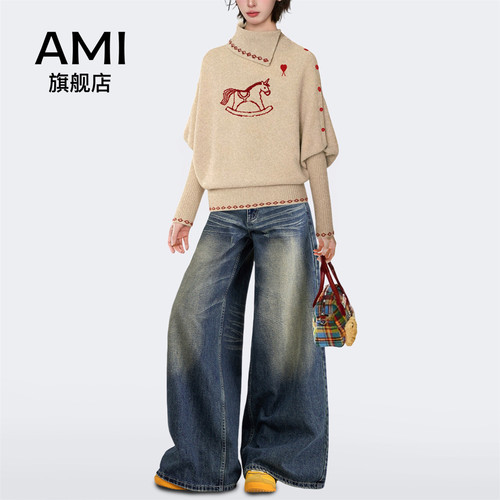 AMI官方美式复古风高领针织衫女夏季小个子刺绣图案宽松慵懒上衣