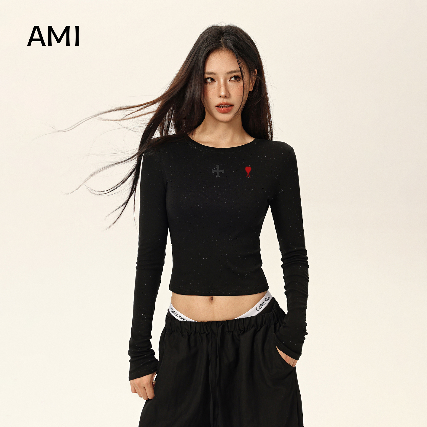 AMI美式满天星闪钻黑色长袖t恤女春秋新款修身内搭打底衫短款上衣