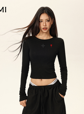 AMI美式满天星闪钻黑色长袖t恤女冬秋新款修身内搭打底衫短款上衣