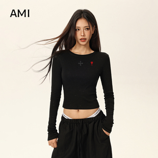 202626衫 AMI官方美式 修身 t恤女春初春新款 短 满天星闪钻黑色长袖
