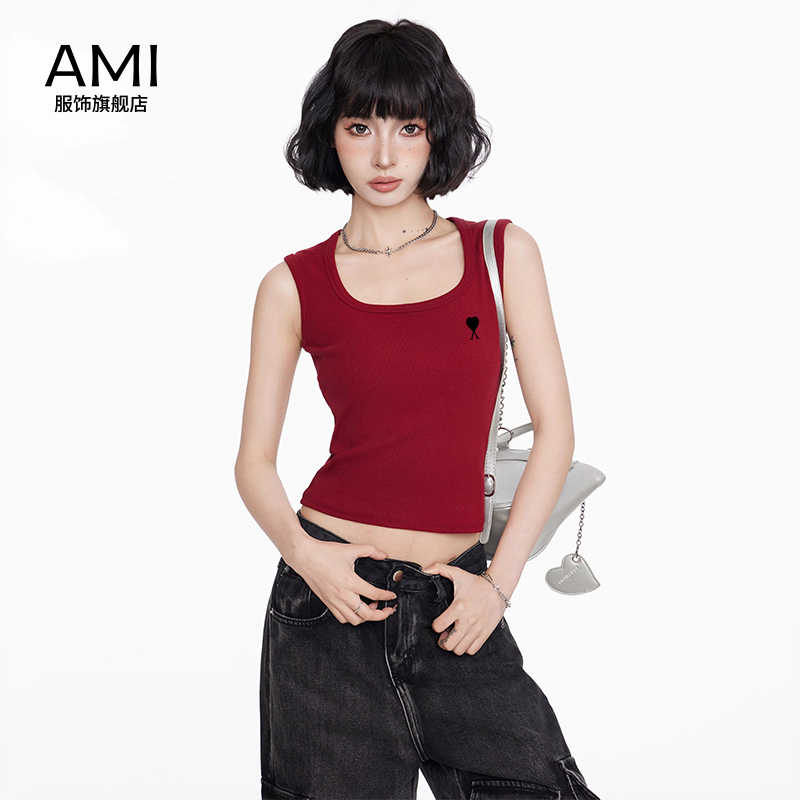 AMI 2025美式红色方领工字吊带背心女夏季新款正品辣妹无袖上衣