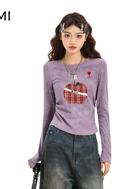 AMI美式紫色圆领长袖T恤女冬秋新款打底衫修身打底内搭短款上衣