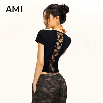 AMI官方2026美式黑色后背镂空蕾丝短袖t恤女春季正品设计感辣妹上