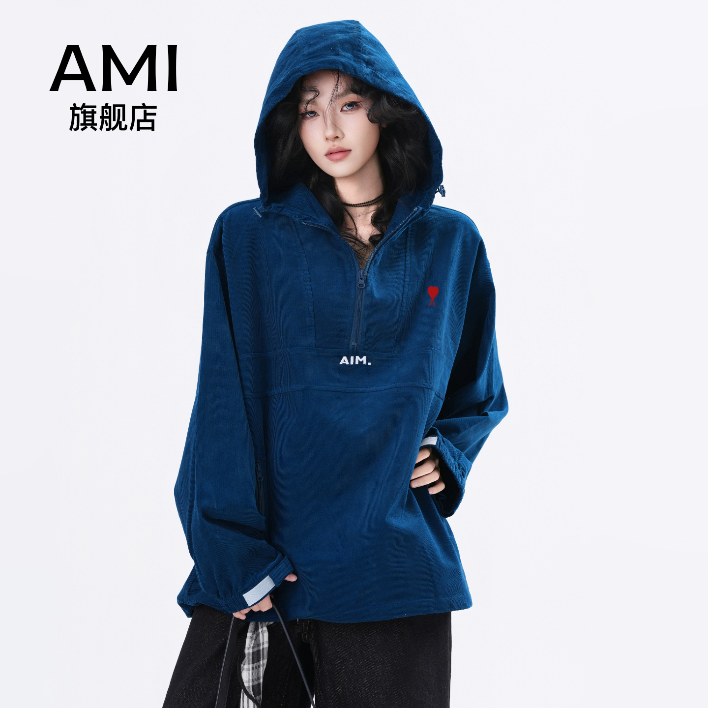 AMI美式复古半拉链连帽卫衣女冬秋新款宽松休闲百搭套头帽衫上衣