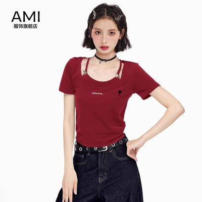 AMI官方2026美式红色假两件正肩短袖t恤女夏季正品辣妹修身上衣短