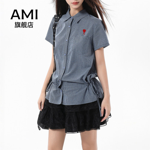 AMI官方美式复古格纹衬衫女夏短袖收腰抽绳设计感学院风衬衣上衣