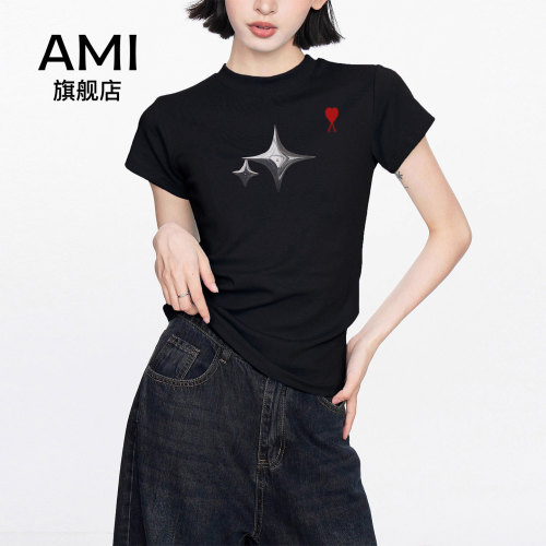 AMI官方美式正肩短袖t恤2026新款夏季女款半袖修身紧身短款上衣