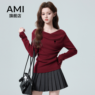 AMI官方红色新款荡领长袖2026新年款女春立体花朵收腰短款上衣针