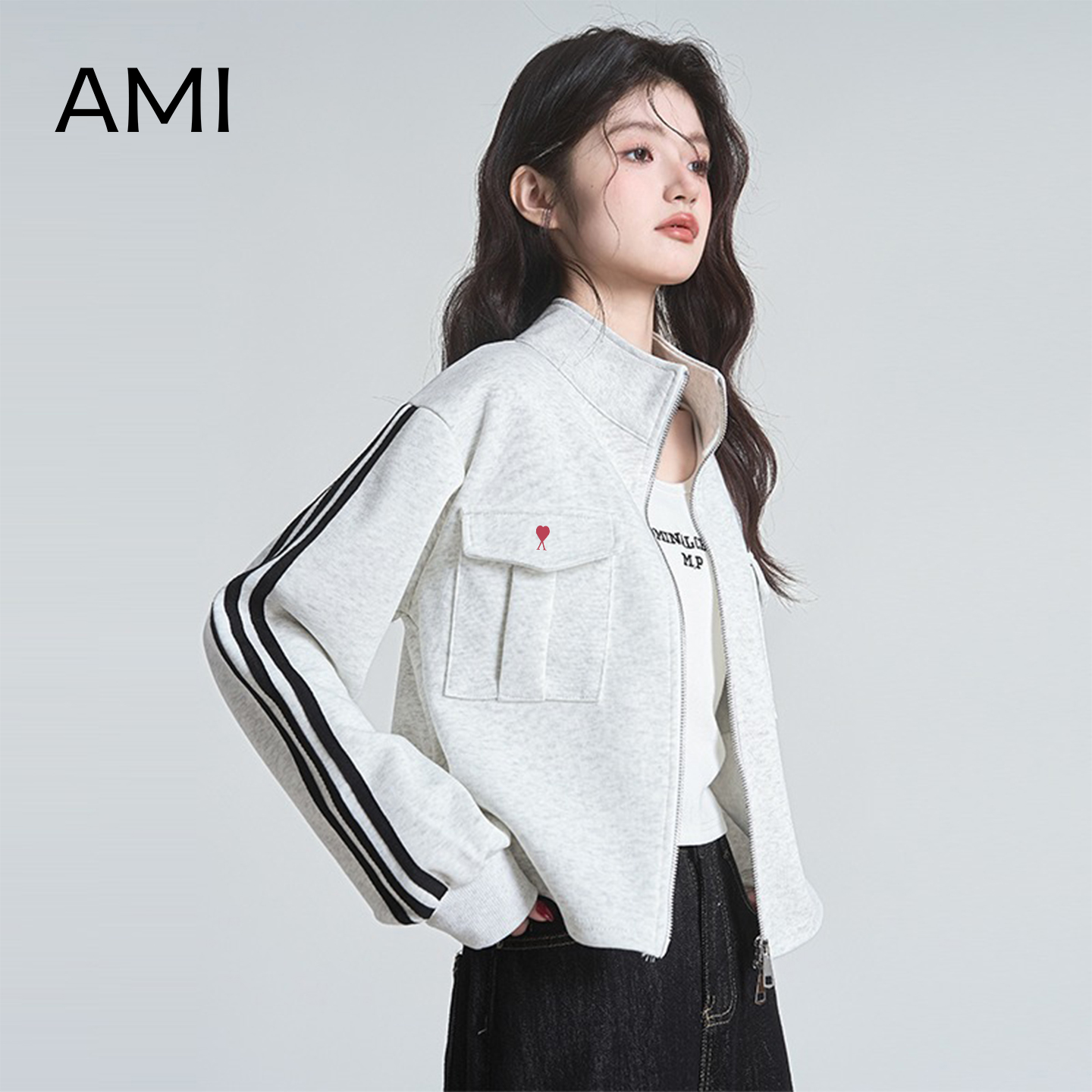 AMI 2025美式复古立领卫衣短外套女2025春秋新款小个子夹克上衣