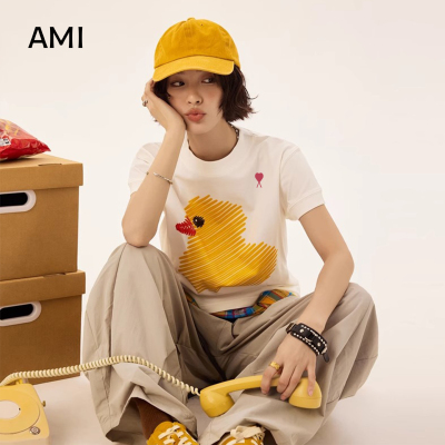 AMI官方2026美式涂鸦小黄鸭印花短袖t恤女夏季正品修身正肩超好看