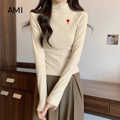 AMI官方美式半高领长袖T恤女秋春新款半拉链德绒内搭修身加厚打底