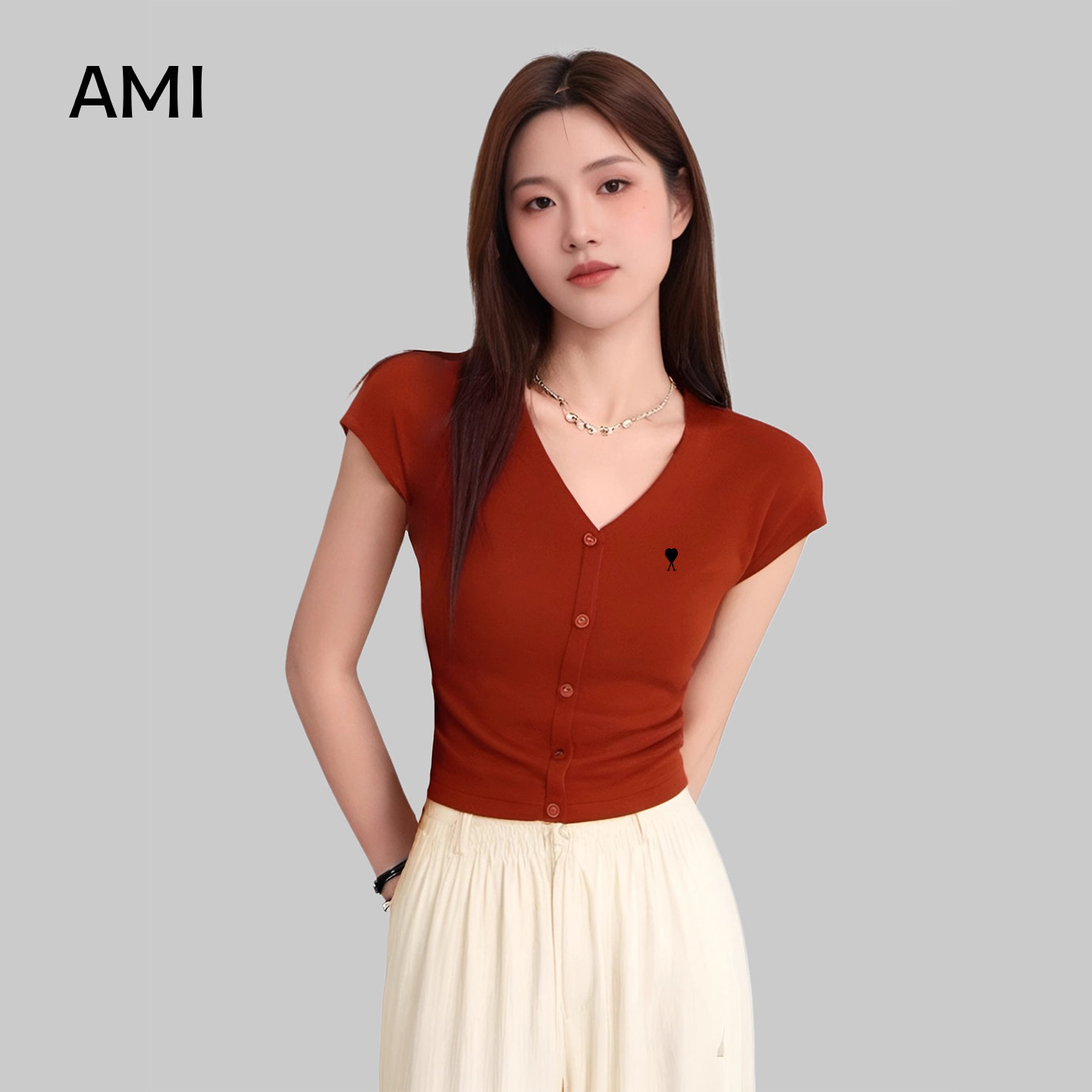 AMI官方 2026美式红色v领26衫针织短袖t恤女春季修身正品小飞袖