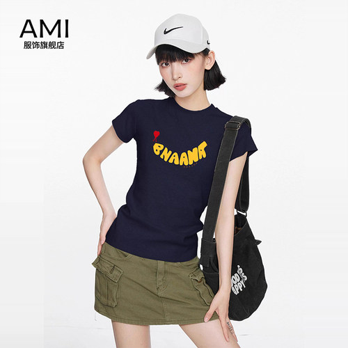 AMI官方2026美式藏青色印花短袖t恤女夏季款潮牌正品设计感紧身上