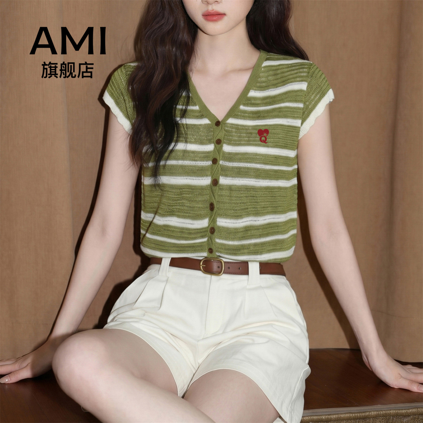 AMI官方薄款撞色条纹V领针织衫女夏小个子短袖宽松显瘦减龄上衣9图片