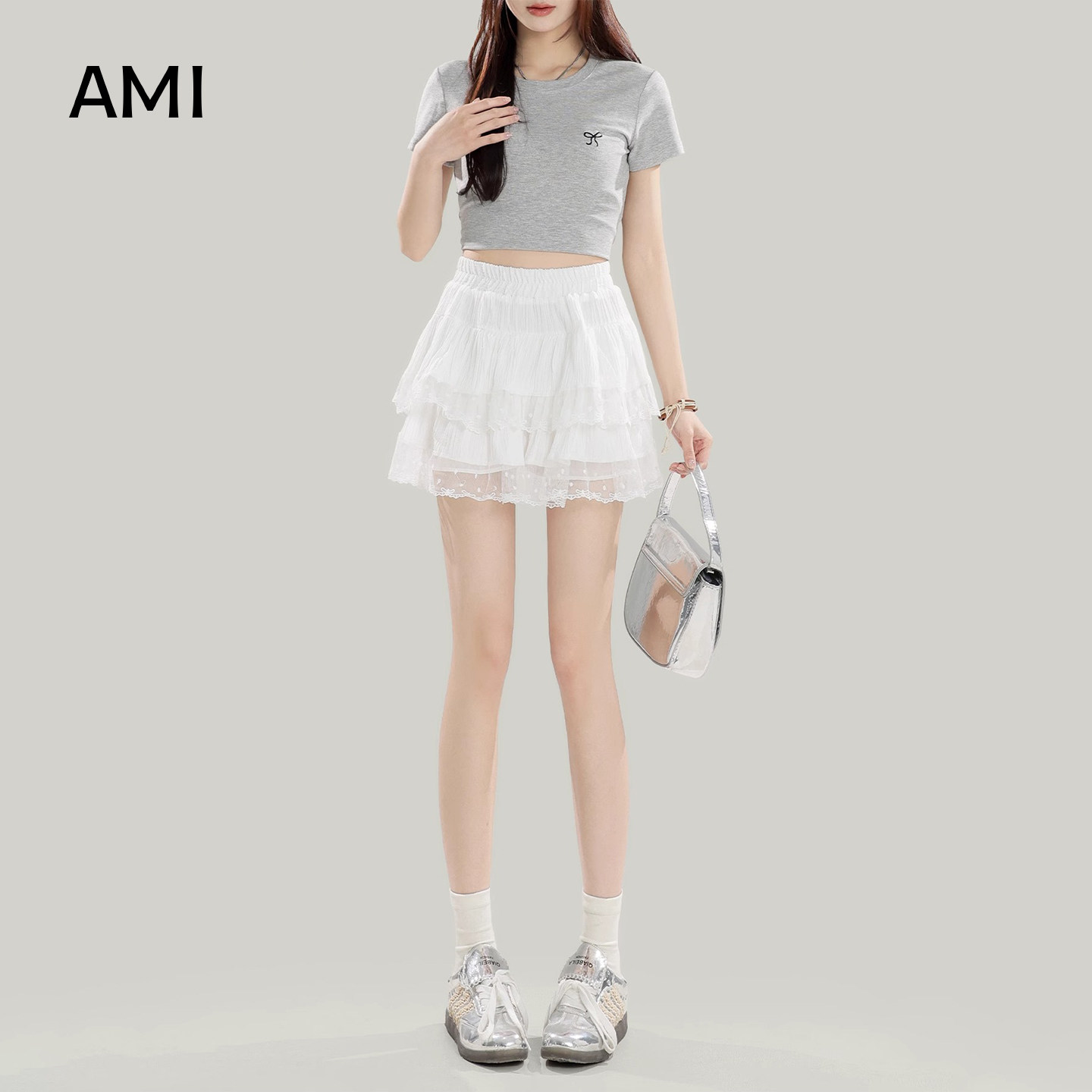 AMI官方 2026美式白色蕾丝拼接半身裙女春季高腰显瘦正品A字蓬蓬