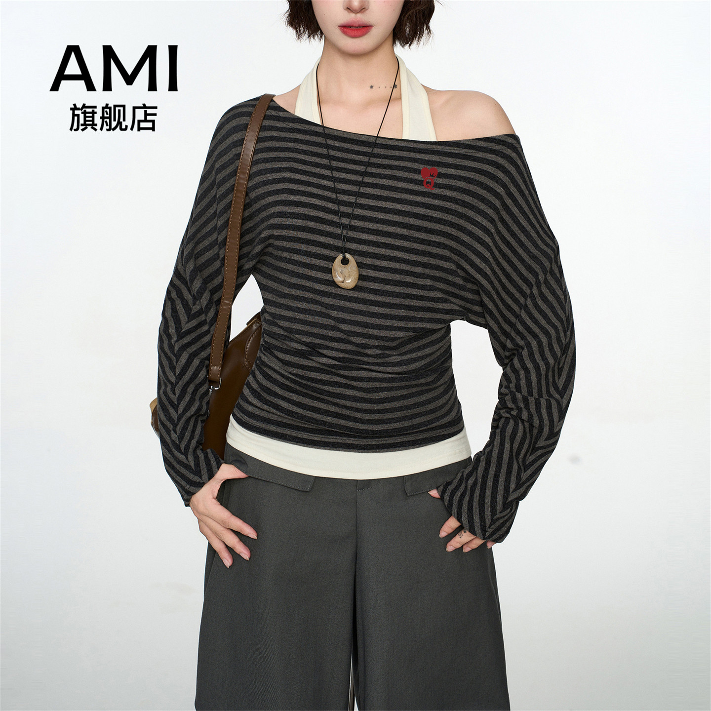 AMI官方斜肩假两件长袖t恤女秋季收腰短款内搭打底衫设计感上衣9图片