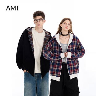 AMI旗舰店美式 复古格子连帽开衫 卫衣男女两面穿拼接外套春秋新款