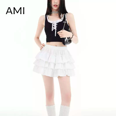 AMI 2025美式白色花边蛋糕裙短裙女冬新款正品a字裙裤蓬蓬半身裙