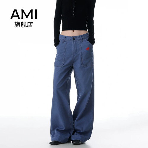 AMI女装法工蓝牛仔裤女美式复古vintage水洗棉工装中高腰阔腿裤秋
