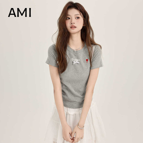 AMI2026美式灰色蝴蝶结正肩短袖T恤女春季正品宽松显瘦辣妹上衣