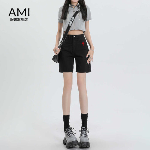 AMI官方 2026美式黑色牛仔短裤女春季新款正品修身显瘦设计感五分