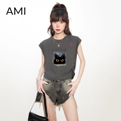 AMI官方 2026美式短袖t恤女春无袖坎肩修身背心设计感正品小飞袖