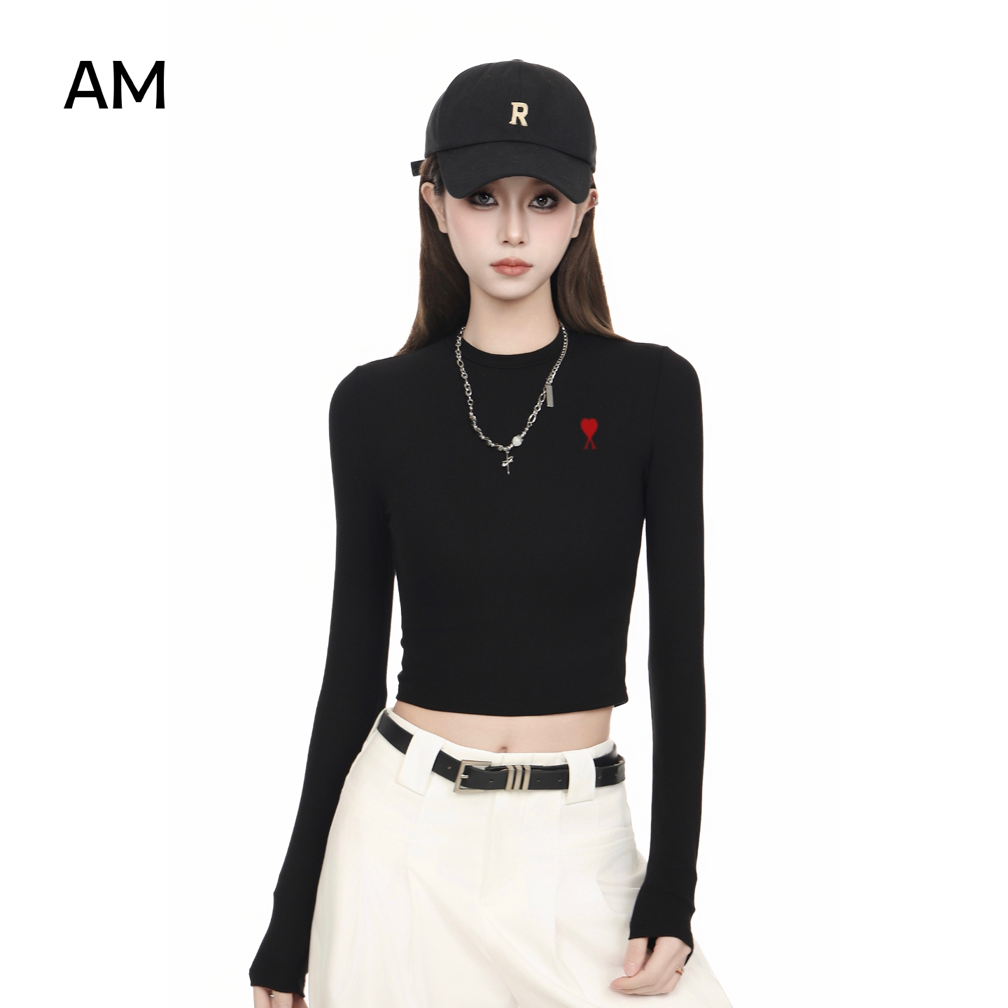 AMI官方美式黑色圆领长袖t恤女2026春秋新款小个子内搭修身短款上