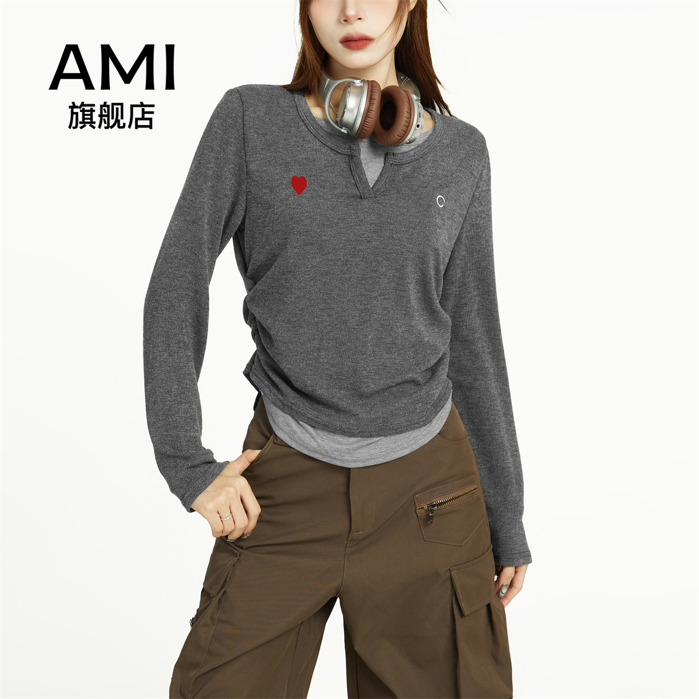 AMI官方灰色假两件长袖短款t恤女秋冬修身收腰正肩内搭打底衫上衣图片