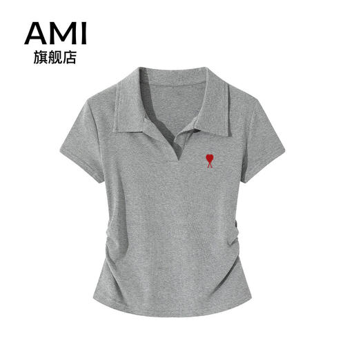 AMI官方灰色polo领正肩短袖t恤女夏季高级感褶皱收腰显瘦修身上衣
