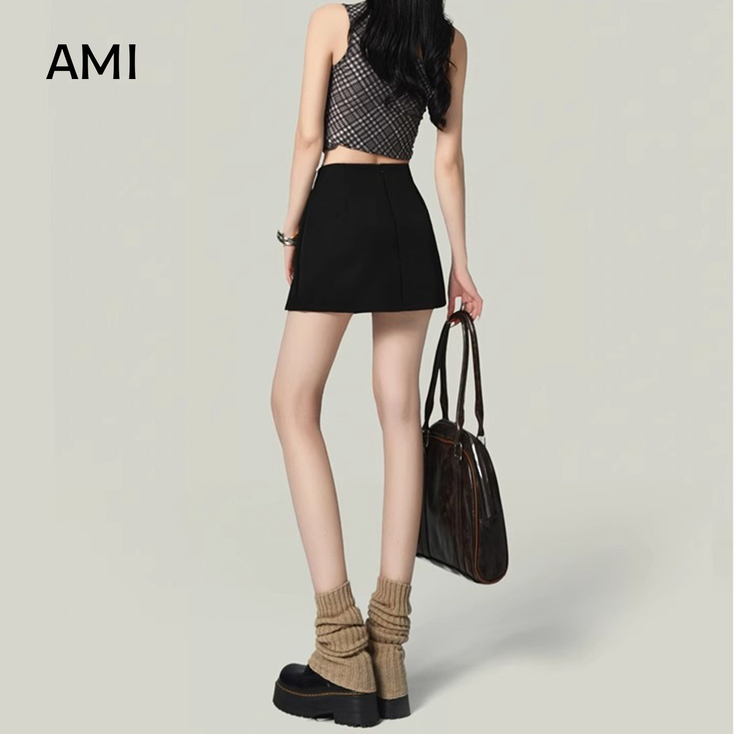 AMI官方美式灰色A字开叉西装半身裙子女正品高腰防走光包臀短裤裙