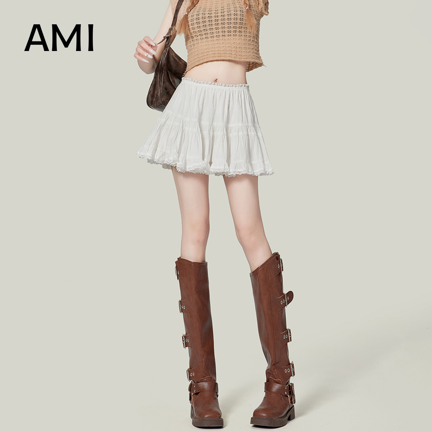 AMI官方 2026美式白色蕾丝花边蛋糕裙女春季高腰正品蓬蓬半身短裙