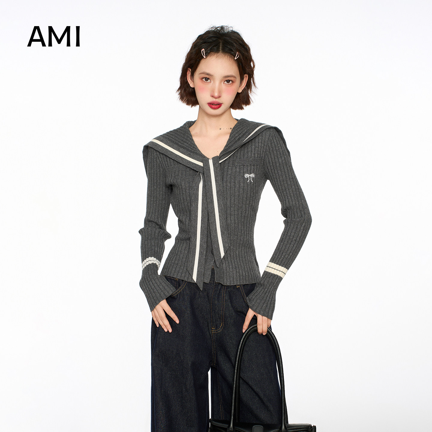 AMI官方美式灰色海军领针织衫女春秋新款修身显瘦短款毛衣开衫上