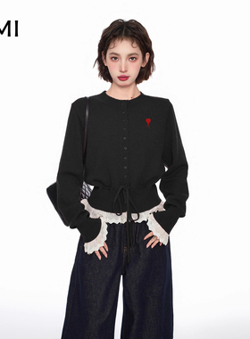 AMI 2025灰色假两件蕾丝针织毛衣女秋小个子短款开衫外套上衣薄